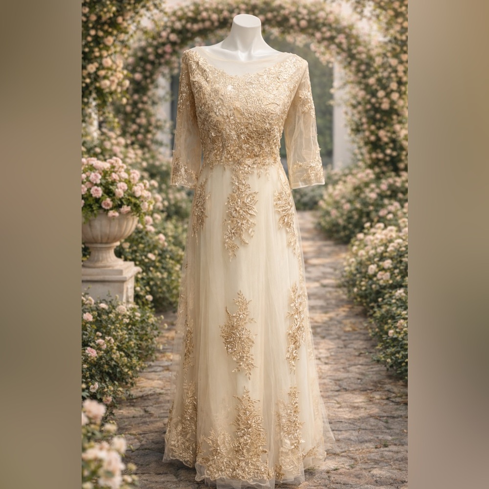 Elegant Lace Appliqué Long Sleeve Evening Dress - Cream/Gold